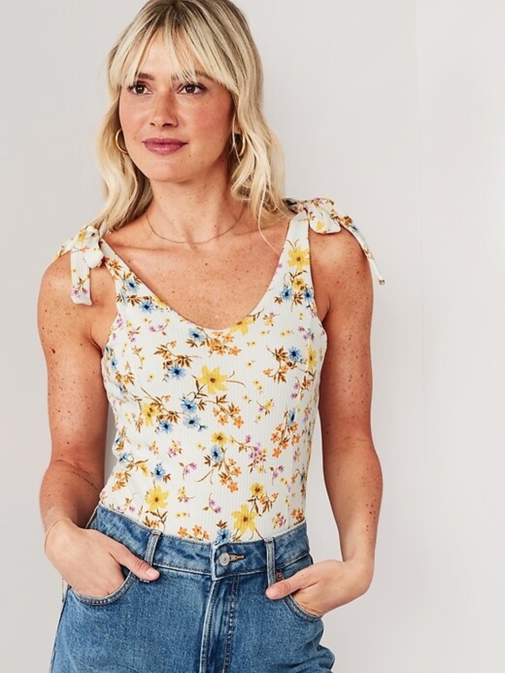 Old Navy Tie-Shoulder V-Neck Rib-Knit Floral Bodysuit Base for Fall Layering